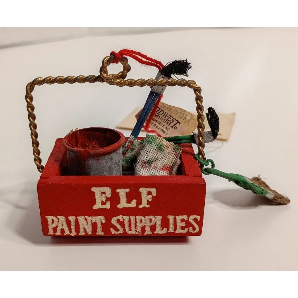 Vtg Midwest Importers Wooden Elf Paint Supplies Christmas Ornament Handcrafted